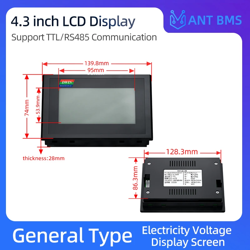 3.8" LCD Black Touch BMS Screen 4S-32S 24V-150V Li-Ion Bms Accessories