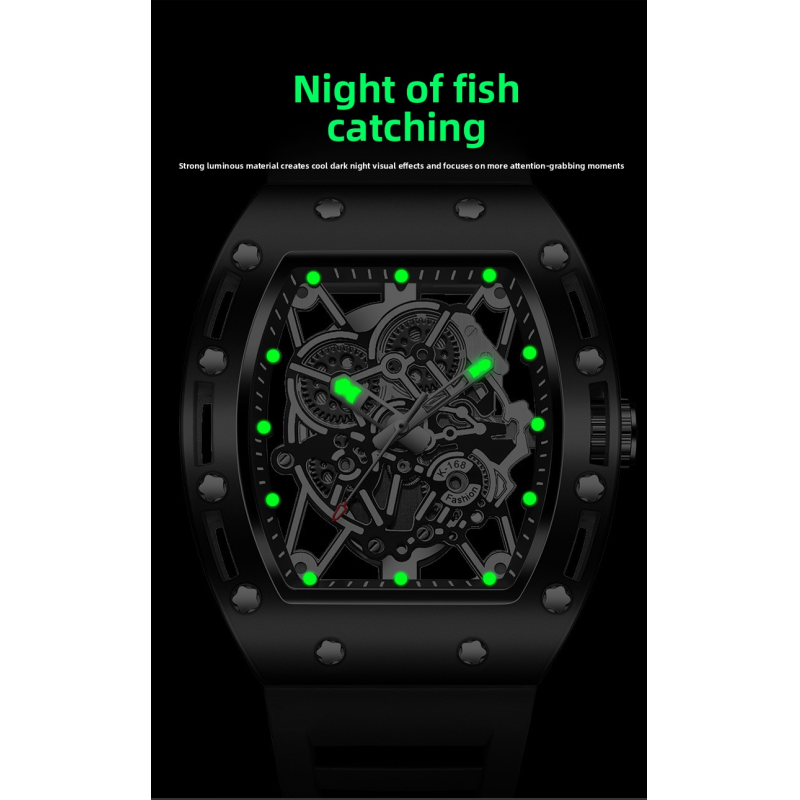 Luminous waterproof skeletonized quartz watch, barrel-shaped men's watch