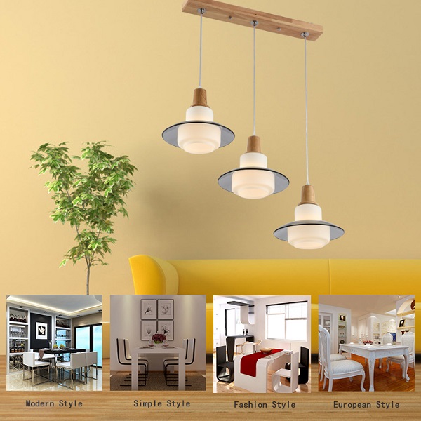 Oak wood dinner room pendant lamp with 3heads glass shade E27 socket wood imported