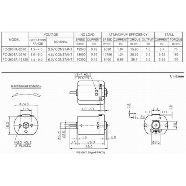 Carbon Brush FC-260 6v 10300 Rpm Electric Motor