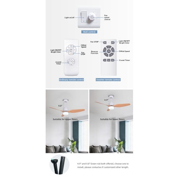Residential Modern 65W 1500LM 3 ABS Blade Ceiling Fan 47 Inch