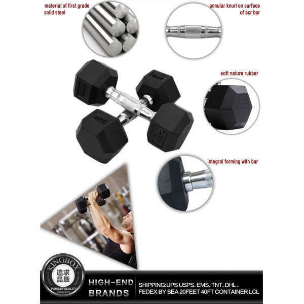 2.5kg 5kg 7.5kg 10kg Cast iron Black Rubber Coated Hex Fixed Dumbbell