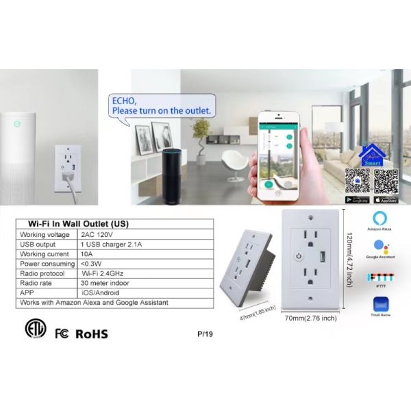 Wifi Smart Wall Outlet 2ac+1usb Us Standard Work With Google&Alexa voice Control