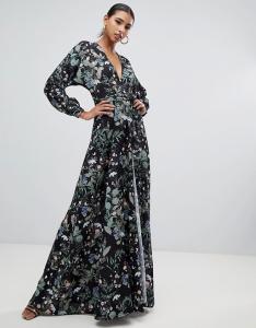 China custom made hot sale tie waist maxi dress with side split in dark floral on sale