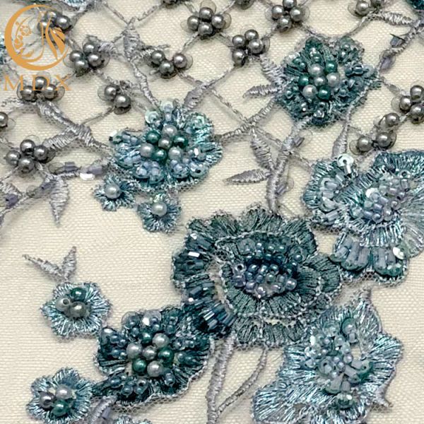 Blue 3D Embroidery Mesh Beaded Lace Fabric For Dresses