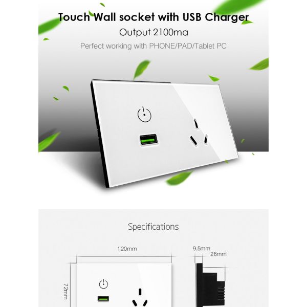 SAA Certificate Glass Panel Touch Wall Socket With Australia Standard Usb Charger Touch Power Point