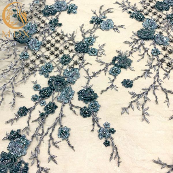 Blue 3D Embroidery Mesh Beaded Lace Fabric For Dresses