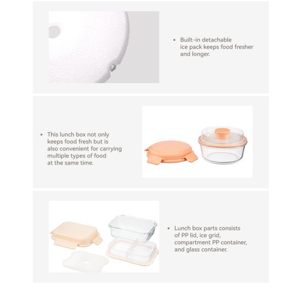 IKOO Leak-Proof Microwave Safe Stackable Glass Lunch Box with Ice Pack and Removable Tray