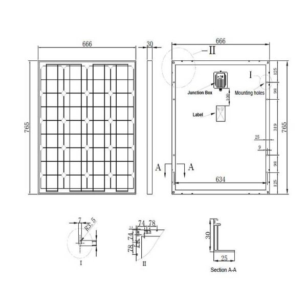 100W-18V small solar panel assembly size chart