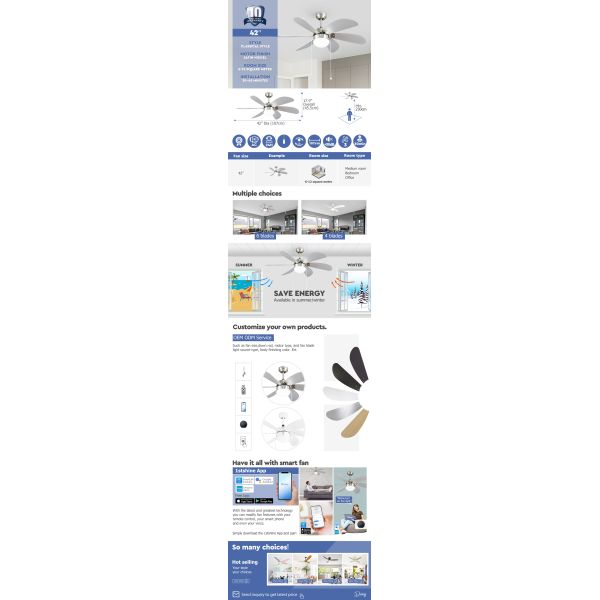 Classic Decorative Ceiling Fan with Light and Wall Control 3 Speeds Pull Chain Switch