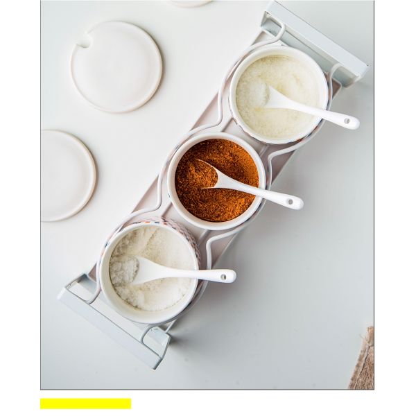 Convenient Diamond Pattern Ceramic Spice Container With Spoon And Lid Multifunctional