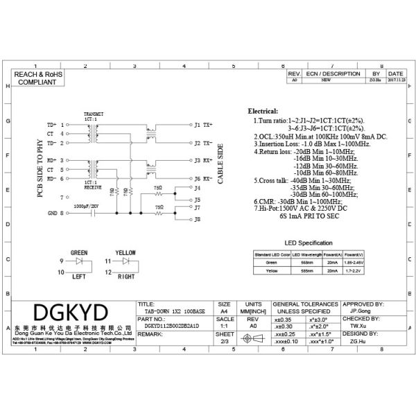 Low Profile 1x2 Cat6 RJ45 Multiple Port Connectors DGKYD112B002DB2A1D