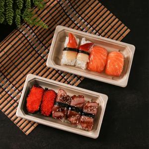 China 11g Dinnerware Fast Food Biodegradable Bagasse Tableware Sushi Tray With Pet Lid on sale
