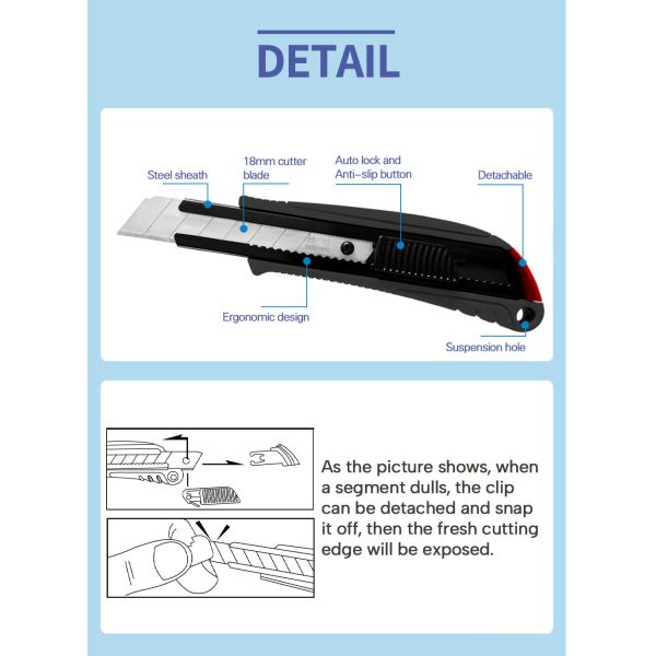 Black Snap Off Knife Blades 9mm 18mm Utility Knives Auto-Lock Anti-Slip Design