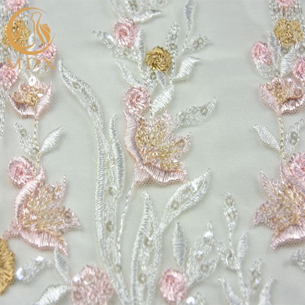 Delicate Pink Sequin Floral Embroidered Mesh Fabric 20％ Polyester 135cm Width