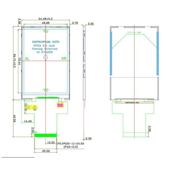 3.5 Inch TFT LCD Display 320*480 Resolution 50 Pin SPI Interface Display 250 Brightness