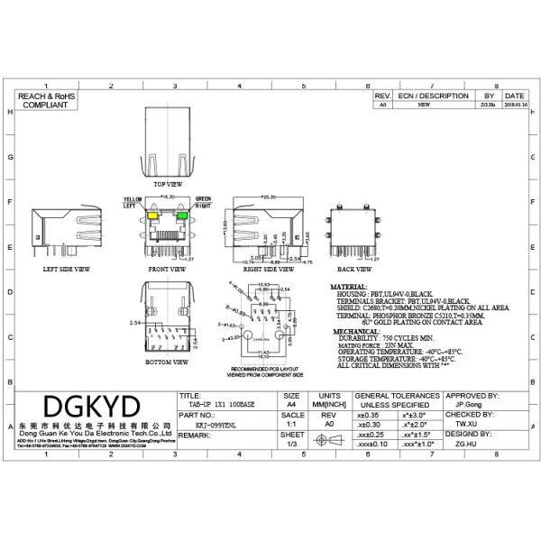 KRJ-099YENL Network Interface Computer RJ45 Connector With Baiyum Board Light Strip