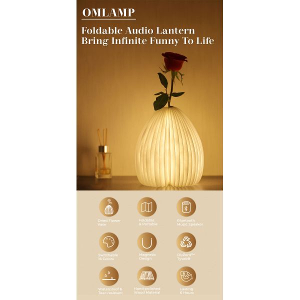 Folding LED Vase 3D Paper Lamp Reading Origami Night Light For Bedroom