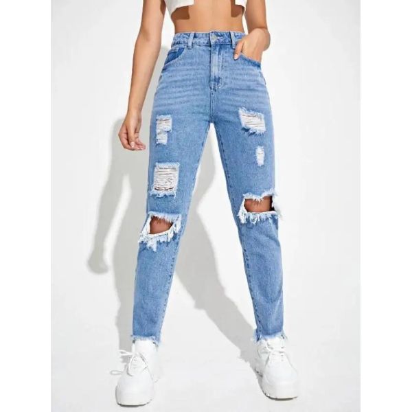 Cotton Fashion Casual Pants Ripped High Street Wear Solid Jeans