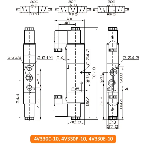 4V330C-10 5 Way 3 Position Solenoid Valve Directional Control 5 3 Way Pneumatic Valve