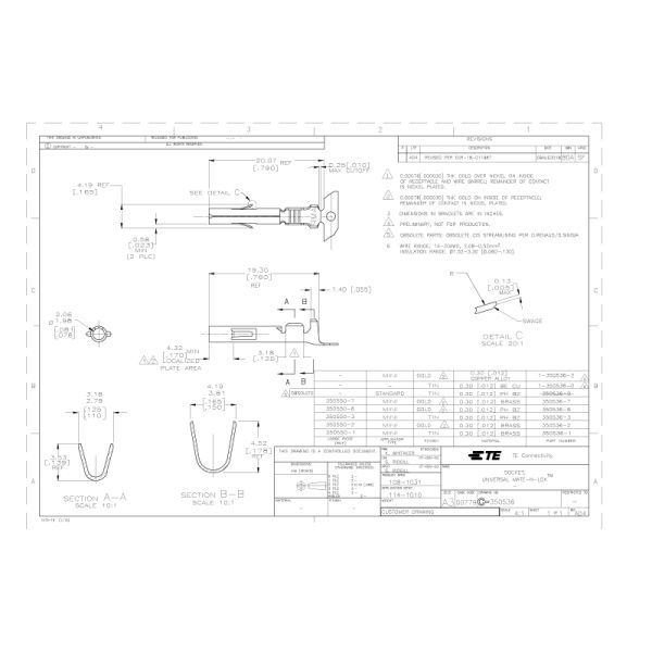 Amp Tyco Te 350536-1 Terminal Production Machine Universal MATE-N-LOK Power Contacts 600 VAC Tin 20 14 AWG Wire-to-Wire