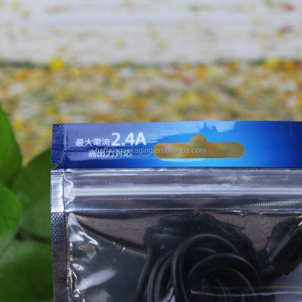 Window Packaging Bag for USB Charge & Sync Touch Cable Resealable Zipper Top Custom Ziplock Plastic Bags with Hang Hole