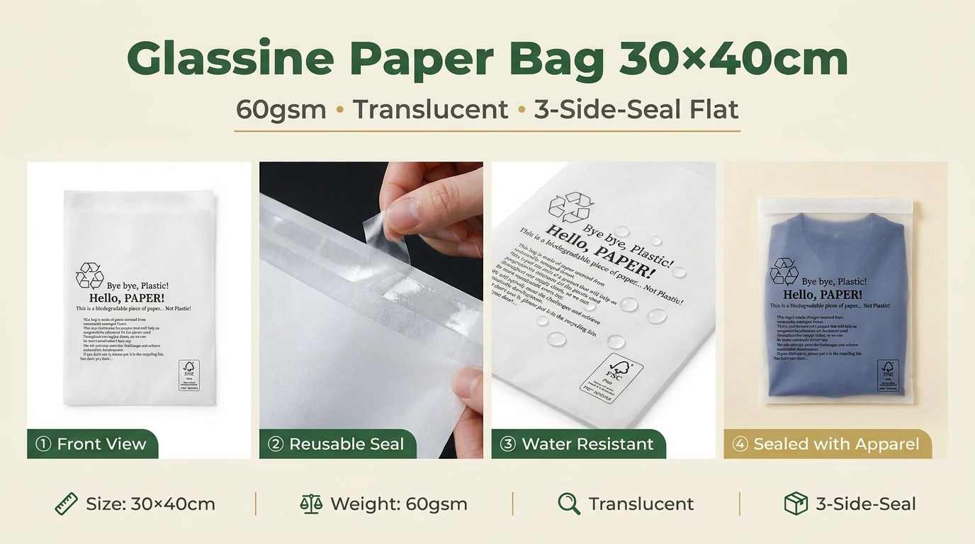 Circular Recyclable Glassine Bag Plastic Free Luxury Apparel Packaging Eco Friendly Clothing Pouch Garment for Certified Grease