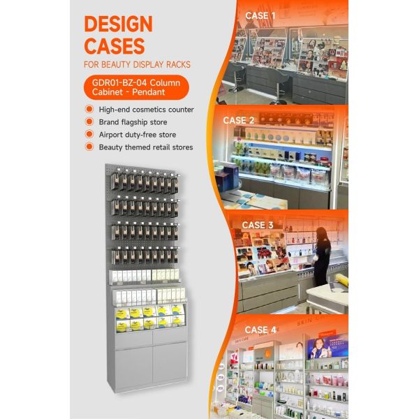 GDR01-BZ-04 Retail Display Column with Grey Melamine and 40 Adjustable Hooks for Cosmetics Retail