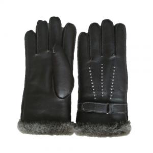 Buy cheap Winter Lamb Fur Lined Mens Soft Leather Gloves With Belt Plain Style product