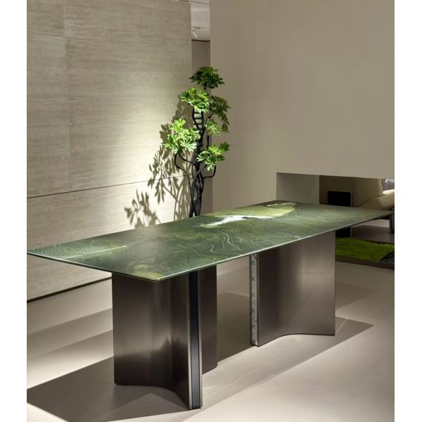 Luxury Long Dining Table in Striking Avocado Green Marble | A Bold Statement Piece