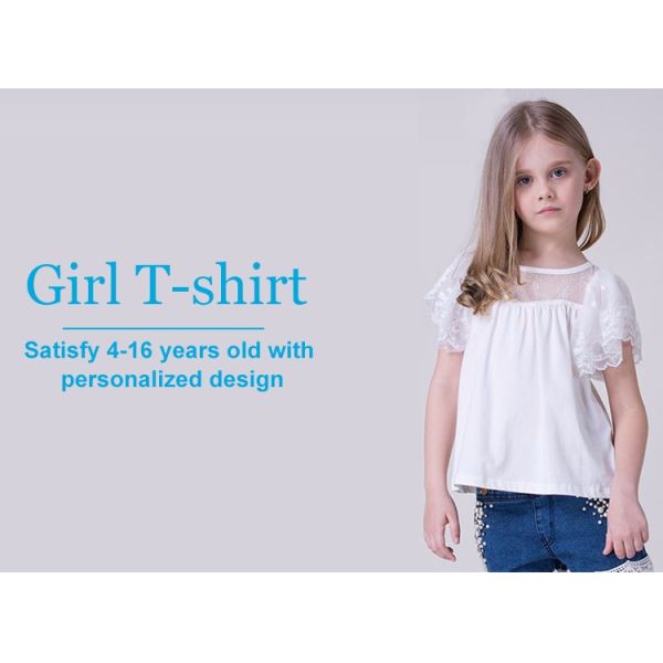 100% Combed Cotton Girl's Beaded Embroidered Short Sleeve Summer T-Shirt Slub Jersey