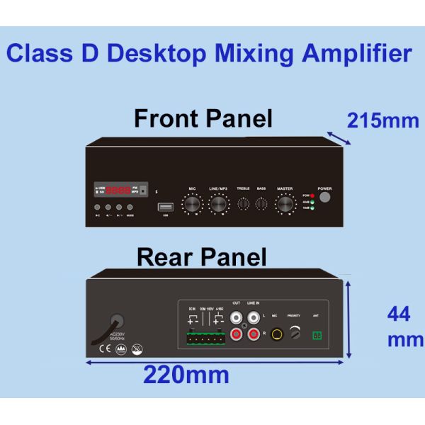 120W Mixing Amplifier with Bluetooth MP3 FM 1.5U Desktop Digital Amplifier OEM ODM