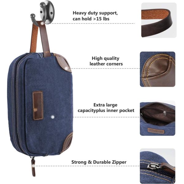 Bathroom Toiletry Travel Bag For Men , Blue Leather And Canvas Large Dopp Kit