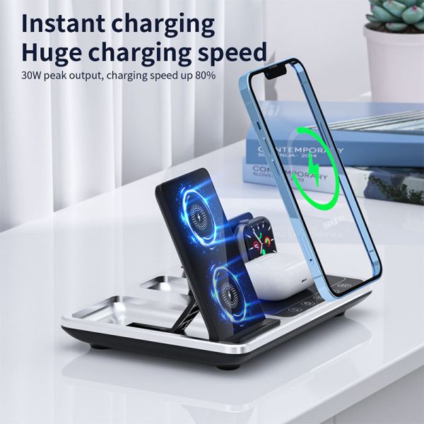 3-in-1 Wireless Charging Station Desk Digital Clock Phone Stand Night Light Fast Wireless Charger Magnetic Dock