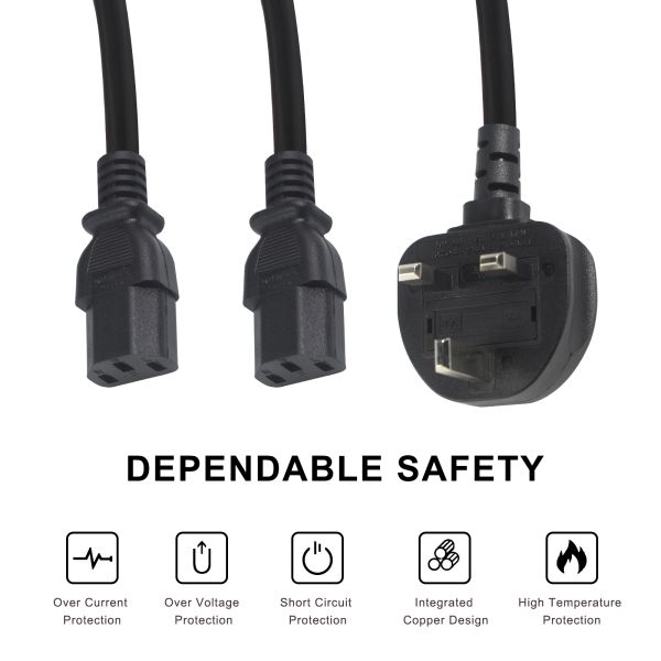 UK BS1363 to Dual IEC C13 Y Splitter Power Cord 1-7M