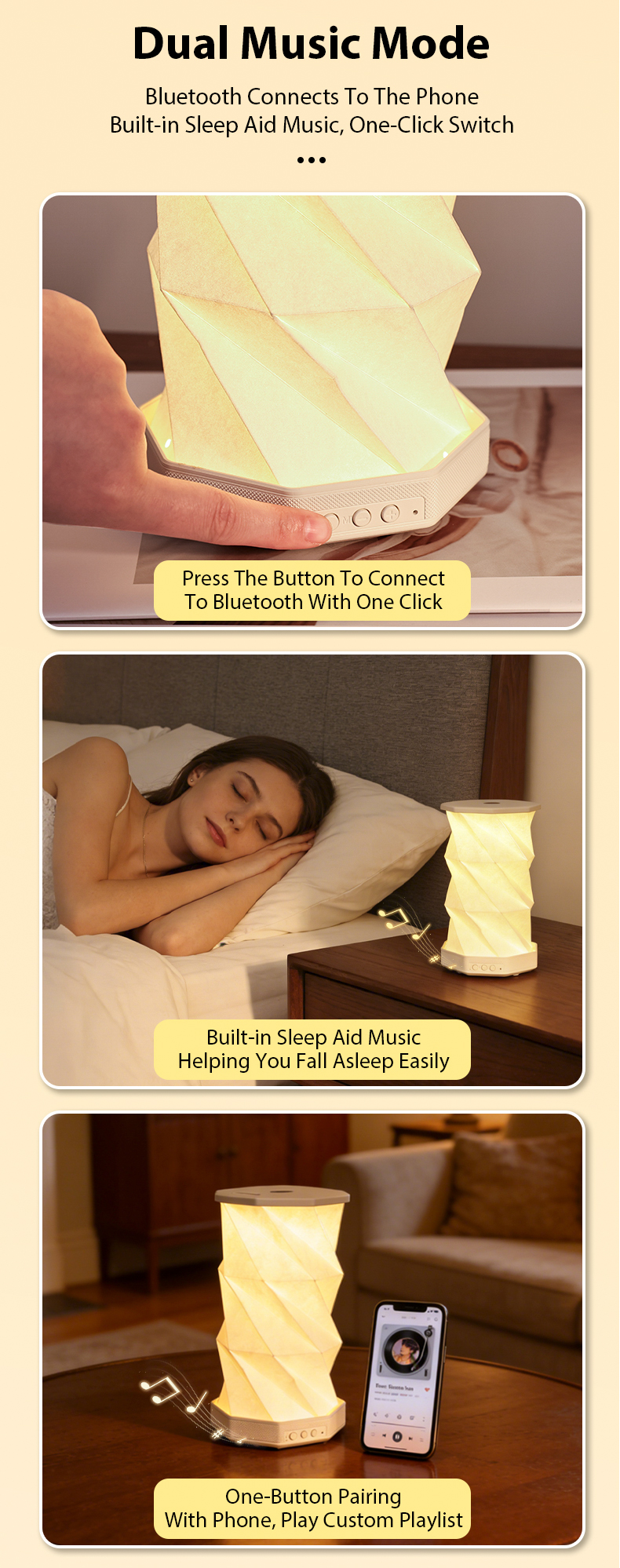 Portable Foldable Paper Lamp with Bluetooth Speaker & Built‑in White Noise 1200mAh Rechargeable Night Light for Travel