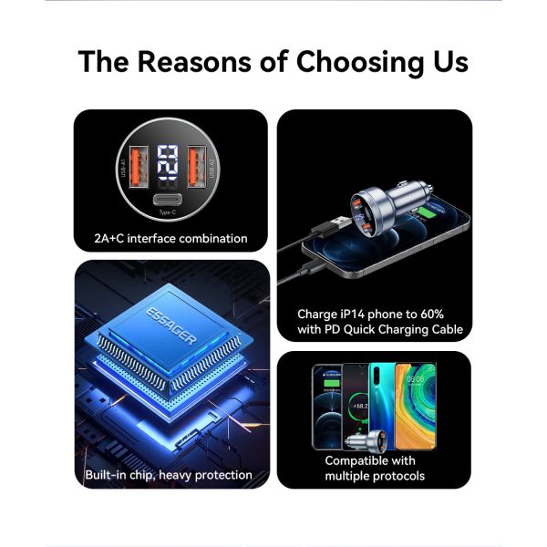Essager 2022 Fenglang Aluminum alloy digital display car charger 80W 3 in 1 Car Charging 2 USB A Type C Fast Car Charger