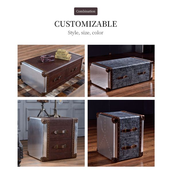 Nidea #8611 Red Wine Bar Coffee Table Personalized Hotel Reception Room Industrial Style Double Drawer Retro Aluminum Leather Rivets