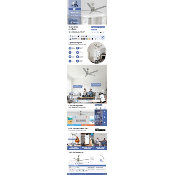 5 MDF Blades Fancy 56 Inches LED Ceiling Fan with 6 Speed Choice and High CRI Ra 100