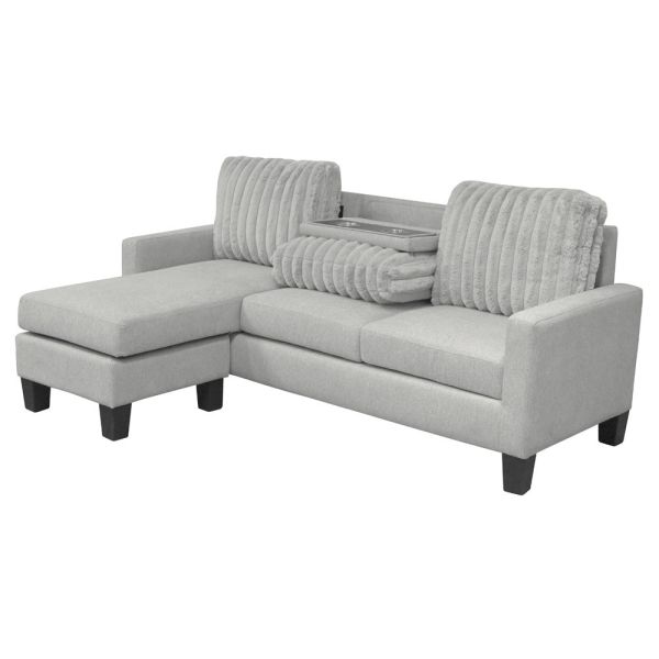 L Shaped Sectional Sofa with Dropdown Table and Reversible Chaise, Light Gray Fabric