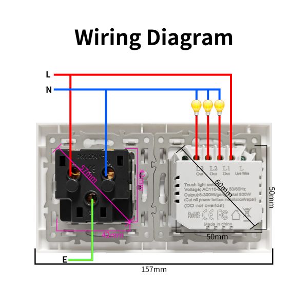 157*86mm European Standard Touch Light Switch with Tempered Glass Panel and Single Live Wire Control