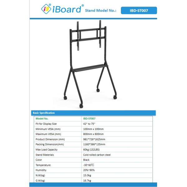 New Arrive Interactive Whiteboard Stand Movable 42 To 75 Inch TV Monitor Lifting Mobile Stand Max Bearing 60KGS Powerfull Wheels Easy Move For