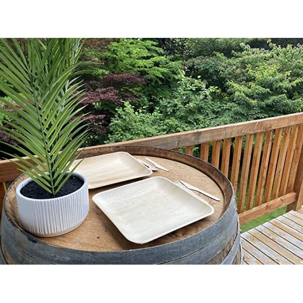 10" Disposable Square Areca Palm Leaf Plates With Fork Knife