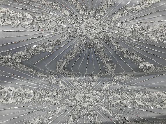 Quality Beautiful Silver Embroidered Heavy Beaded Lace Fabric , Beaded Net Fabric 130cm Width for sale