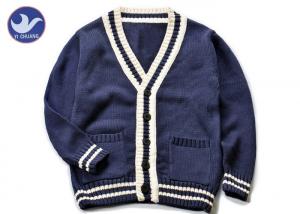 China Cotton Stripes Collar Boys Navy Blue Cardigan Sweater , Boys Knitted Cardigan on sale
