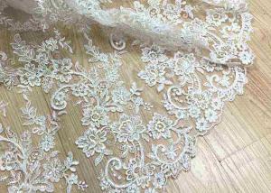 Buy cheap Delicate Ivory Corded Lace Fabric , Floral White Embroidered Tulle Fabric For Wedding Dress product