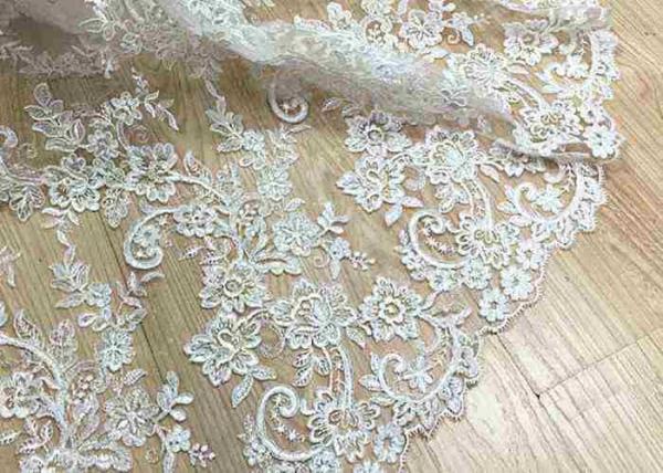 Quality Delicate Ivory Corded Lace Fabric , Floral White Embroidered Tulle Fabric For Wedding Dress for sale