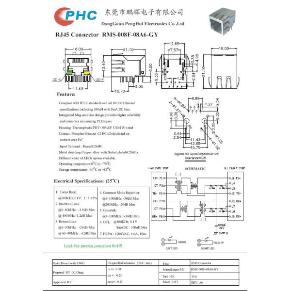 90 Degree Magnetic RJ45 Jack , 10 / 100M RJ45 8P8C Female Connector Side