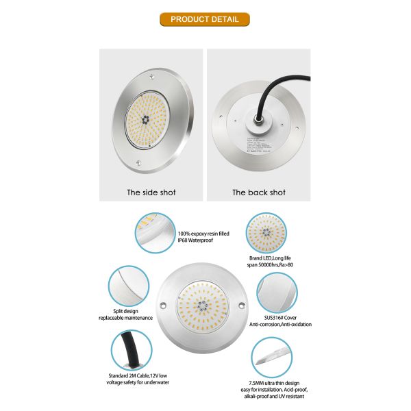 Waterproof PAR56 LED Pool Light 316SS Housing Ultra Thin 7.5mm Resin Filled Wall Mounted 230MM 18W 25W DC AC12V