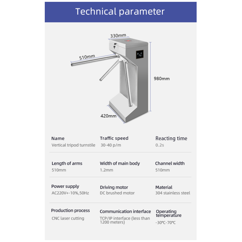 Lane Width 550mm Electronic Train Station Turnstile Gates 30-40 Persons/Min
